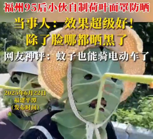 掌互通 男生就地取材用荷叶做面罩防晒，网友：好像两个着急去喝血的大蚊子